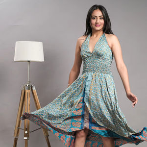 OEM personalizado moda Sexy vestido de seda estampado mujeres de alta calidad verano Casual vacaciones cuello Halter espalda descubierta bohemio playa Maxi - Product Image 1