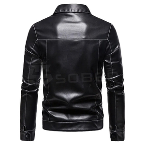 Men's <b>Winter</b> Wear Slim Leather <b>Jacket</b> Black Solid Color with Canvas Fabric for Cold Seasons - Product Image 2