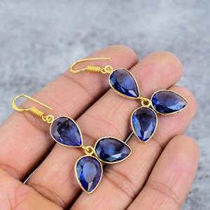 Pendientes Colgantes de Plata de Ley 925 con Baño de Oro, con Tres Gemas de Tanzanita y Cuarzo en Forma de Pera, Hechos a Mano, Regalo para Mujer - Product Image 1