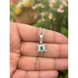 925 <b>Silver</b> <b>Necklace</b> with Emerald Cut Turtle Bezel Setting Emerald Cut Diamond Inlay - Product Image 1