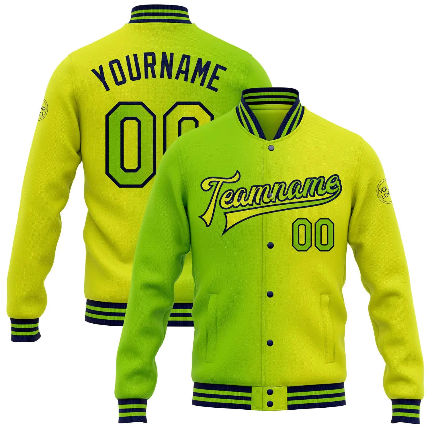 Premium şık Neon sarı Neon yeşil-donanma bombacı tam geçmeli Varsity Letterman degrade moda ceket