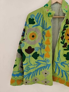 Cardigan Bohème Vert Brodé à Motifs Floraux, Manches Longues, Col Mandarin, Grande Taille, Vêtement d'Extérieur Décontracté pour Femme, Idéal Printemps - Product Image 5