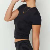 Camiseta Corta Blanca de Cuello Redondo para Mujer, Ajustada, de Color Sólido, Camisetas de Verano Informales de Algodón
