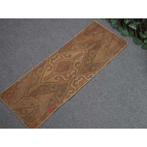 Alfombra Kilim Turca Vintage de 1.1x3.1 pies, Alfombra Pequeña de Lana Sólida Marrón - Product Image 2