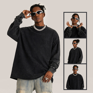 Moda cuello redondo básico Vintage lavado sudaderas 380g hombres desgastados jerséis sueltos - Product Image 4