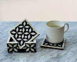 Juego de Posavasos Cuadrados con Incrustaciones de Hueso, Diseño Geométrico Clásico, Decoración de Mesa Ecológica Hecha a Mano de Primera Calidad para Té y Café - Product Image 3