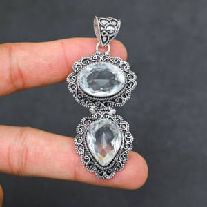 White Quartz Pendant <b>Necklace</b> in <b>925</b> Sterling <b>Silver</b> Luxury Style - Product Image 1