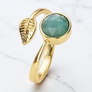 Bague ronde en feuille de pierres précieuses d'amazonite-Bague de mode en pierres précieuses plaquées or-Bague réglable en gros de créateur - Product Image 1