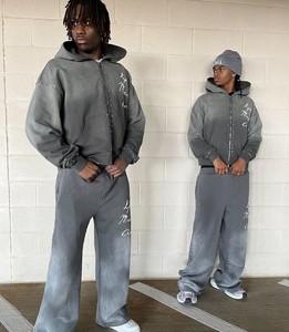 2025 tendance 100% coton de haute qualité prix de gros hommes deux pièces ensemble Jogging Logo personnalisé mode Sport fermeture éclair survêtement - Product Image 4