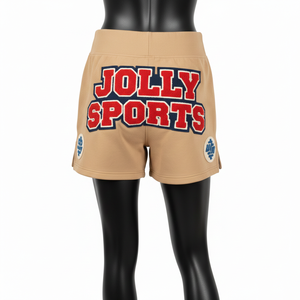 Shorts de sport pour femme en coton French Terry épais 300 GSM, beige clair, avec logo brodé en chenille. - Product Image 2