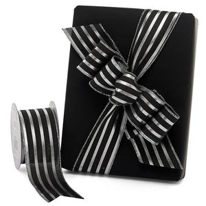 Silver & Black Striped Organza Satin Polyester <b>Wired</b> <b>Ribbon</b> Floral Design for Wedding Birthday or Halloween Gift Wrapping - Product Image 1