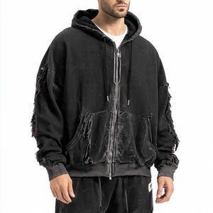 Winter Zipper Embroidered Fleece Distressed Oversized <b>Hoodie</b> for <b>Men</b> with Drop Shoulder - Product Image 2