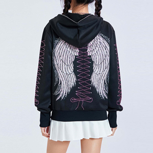 Style de rue pour femmes partout strass avec patch de broderie à manches longues bas flexible fermeture éclair complète sweats à capuche pour femmes tenue décontracté - Product Image 4