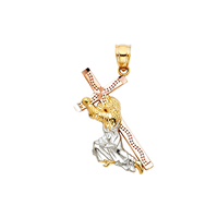 Exquis pendentif classique chrétien en alliage de cuivre fantaisie pour enfants, plaqué or tricolore 14 carats, avec Jésus portant la croix et crucifix, orné de zircon