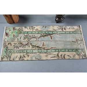 Alfombra turca vintage de 2x4 pies, verde, beige, seda de bambú hecha a mano, área grande, patrón de pasillo rectangular para sala de estar - Product Image 3