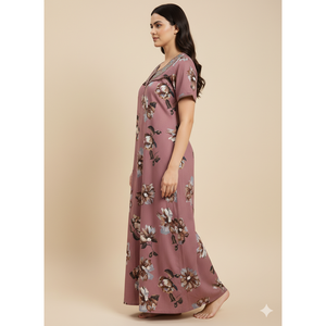 Camisón Largo Cómodo para Mujer, Marca Alpine, Tela Tejida Estampada, Mangas Cortas y Bolsillo Lateral Completo para Uso en el Hogar - Product Image 4
