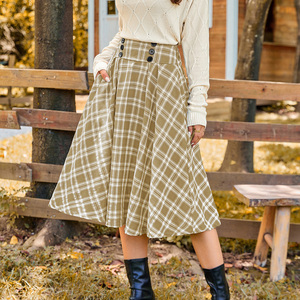 OEM Vintage Swing cintura elástica media pantorrilla acampanada A-Line mujeres Midi faldas a cuadros - Product Image 2