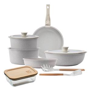 Ensemble de 10 ustensiles de cuisine beige avec poignées amovibles, 3 poêles, 2 casseroles, couvercles et ustensiles + verre borosilicate de 650 ml - Product Image 1