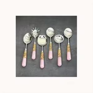 Tige avec poignée en feuille Cuillères de service Poignée décorative Rose Acier inoxydable Dessert Couverts Salade Cuillère à café - Product Image 6