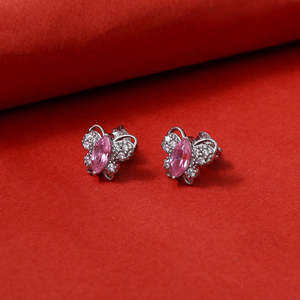 Boucles d'oreilles clous papillon argentées tendance avec zircon rose, perles et pierres précieuses en diamant, en laiton rhodié, pour fêtes, cadeau religieux pour elle - Product Image 4