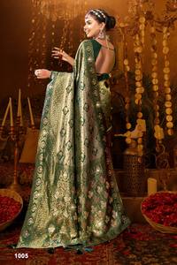 Sari en tissu moderne pour femme avec bordure en jacquard et pallu doré brillant pour la collection de fêtes - Product Image 5