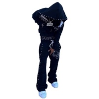 Fabricant OEM – Nouveauté Ensemble Survêtement Maternité Y2K Personnalisé avec Strass, Pantalon Baggy Double Taille Superposé et Sweat à Capuche Évasé – 100% Coton