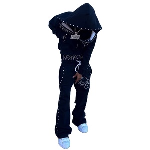 ผู้ผลิต OEM กางเกงขายาวทรงหลวมสองชั้นแบบซ้อนกัน ชุดสเวตสูท กางเกงวอร์มขาบานประดับเพชรแบบ Y2k และชุดฮู้ดดี้สั่งทำพิเศษ - Product Image 3