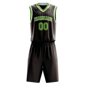Uniforme de basket-ball pour hommes de haute qualité noir avec des détails verts conception à fines rayures 100% uniforme sans manches à col en V en polyester - Product Image 1