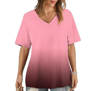 <b>Women's</b> Summer Ombre Light <b>Burgundy</b> Wholesale Sale Short Sleeve T-<b>Shirts</b> Embroidery Decoration Breathable Canvas V-Neck Style - Product Image 2