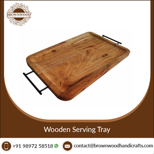 Elegante bandeja de servicio Rectangular de madera de color con acabado de madera natural personalizada hecha a mano con asas de metal para cocina y comedor - Product Image 2