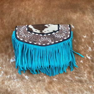 Handmade Tooled & Turquoise Suede Leather Fringe Small Crossbody Bag <b>for</b> <b>Women's</b> Western <b>Hair</b> on Cowhide Floral Shoulder Purse - Product Image 5