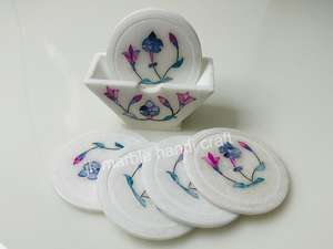 Sous-verres en marbre blanc faits à la main avec support 9x9cm Belle incrustation de concepteur motif peint de l'artisanat en pierre de l'Inde - Product Image 2