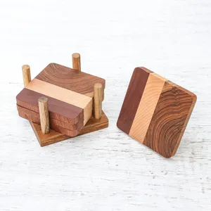 Handmade Wood Coasters and Holder from Thailand or Wood <b>Square</b> Piece Coaster <b>Set</b> with Holder These coasters are made - Product Image 3