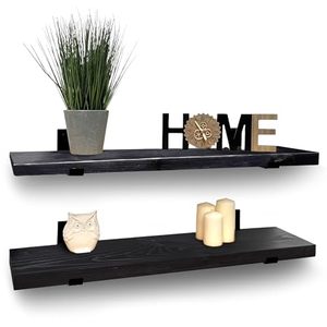 Handcrafted Rustic Wooden <strong>Floating</strong> <strong>Shelves</strong> Solid Wood Black L Brackets UK Wall Mounted (Set 2 <strong>60cm</strong>) for Wardrobe Heavy - Product Image 1