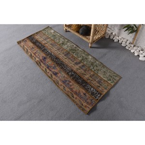 Tapis turc traditionnel vintage de 1.7x4 pieds marron beige motif patchwork écologique laine à poils moyens support en latex - Product Image 3