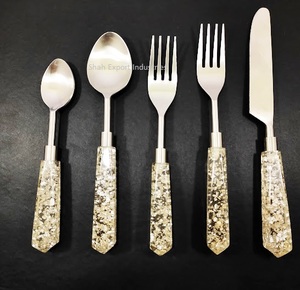 Juego de Cubiertos de Metal de buena calidad con mango de resina con purpurina dorada, pulido plateado para mesa de comedor, juegos de cubiertos para comer comida - Product Image 3