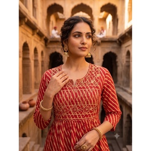 Vestido Anarkali Kurta de Algodón para Mujer de Rama, Color Granate, Bordado Lehriya, Estampado a Mano, Choli, Ropa Tradicional Étnica India - Product Image 2