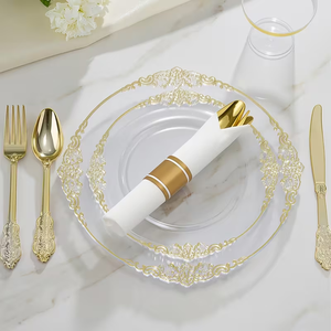 Juego de 50 Platos Desechables de Plástico Blanco con Borde Dorado para Bodas, Cumpleaños, Postres, Ensaladas, Platos de Cena de Plástico Duro - Product Image 1