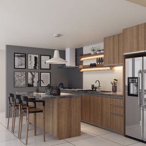 Wood Grain Kitchen <b>Cabinets</b> Oak Effect Melamine Kitchen Furniture Durable Budget Kitchen for Rental Apartments - Product Image 1
