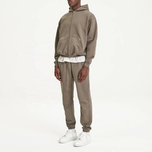 ชุดวอร์มมีฮู้ดแบบสตรีทมีซิปคู่สำหรับผู้ชายชุดวอร์มผ้าฝ้ายโอเวอร์ไซส์เปิดไหล่และกางเกงผ้าคอตตอน - Product Image 3