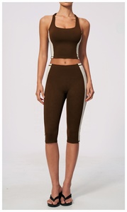 Brown Contrast Stripe Crop Top High Waist Capri Leggings 2 Piece Yoga Set Seamless Four-Way Stretch Activewear - Product Image 3