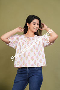 Écologique 100% coton haut verdâtre Floral main bloc imprimé Peplum Style chemisier court décontracté fête porter manches courtes lavable - Product Image 4