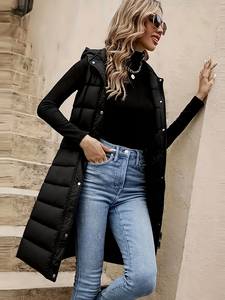 <strong>Ladies</strong> Long Quilted Vest Sleeveless Hooded Puffer Jacket Winter Outerwear with Zipper Front Closure - Product Image 3