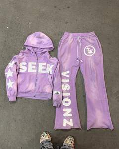 OEM Sweats à capuche épais zippés avec ourlet brut Pantalon de survêtement Acid Wash Stone Vintage 2 pièces Distresses Survêtements pour homme ou femme - Product Image 2