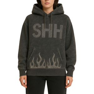 100% coton OEM sweats à capuche personnalisés hommes lavage à l'acide strass vintage lavage à capuche Bling en détresse survêtement hommes sweats à capuche soleil fané - Product Image 4