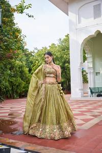 Ensemble Lehenga Choli brodé pour femmes, séchage rapide, vert olive pastel, pêche, tenue de fête de mariage, tenue de fête avec dupatta - Product Image 2