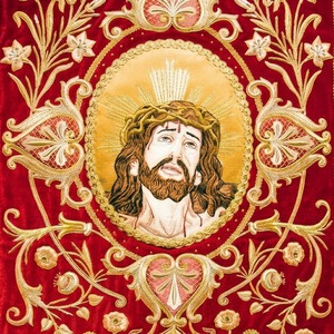 Handmade Red Velvet Church <b>Banner</b> Heavyweight Embroidered Liturgical Processional <b>Banner</b> with Gold Fringe - Product Image 4
