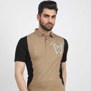 Camiseta sólida informal de moda moderna para hombre Getzo para cuello de polo con bordado de logotipo 'W' y tela de punto con mangas en contraste - Product Image 1