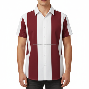 Camisa Casual de Verano para Hombre, Color Granate y Blanco, Cuello Cubano, Transpirable, Estilo Retro, con Botones - Product Image 4