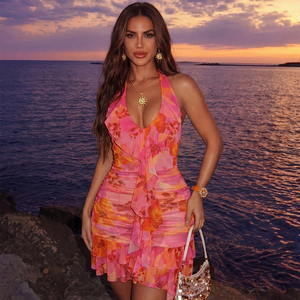 Vestido Mini Bodycon Halter con Volantes y Estampado Floral Rosa de Verano, Personalizado OEM, <span class=keywords><strong>para</strong></span> Mujer, Sexy, <span class=keywords><strong>para</strong></span> Vacaciones <span class=keywords><strong>en</strong></span> <span class=keywords><strong>la</strong></span> <span class=keywords><strong>Playa</strong></span>, Fiestas, Club, Ropa de <span class=keywords><strong>Playa</strong></span> - Product Image 1